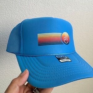 OTTO Blue Trucker Hat with Retro Multicolor Stripe & Peace Patch